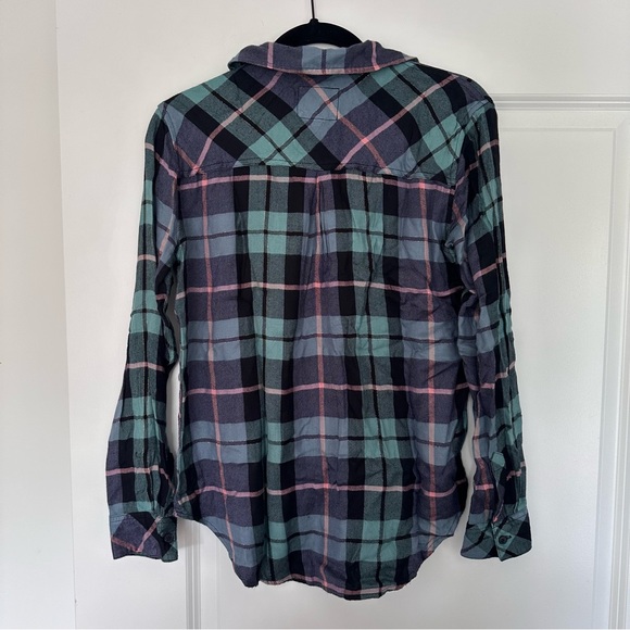 Rails (XS) Hunter Plaid Button Down Shirt: Teal/Navy Relaxed Fit Longsleeve Top - Picture 8 of 8